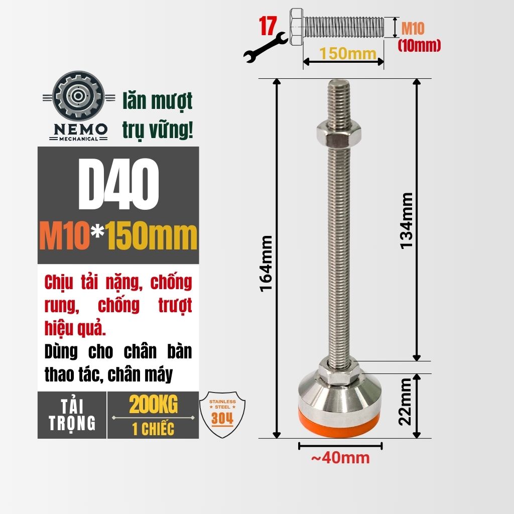 Chân Tăng Chỉnh Inox 304 Ren M10 – Chống Gỉ Tuyệt Đối, Đế Bát Dày Chịu Tải Nặng